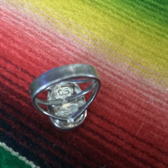 Marvelous Vintage Native American Navajo Turquoise Chip  Older inlaid turquoise ring..size 6 I’m guessing..marked with a CS and sterling